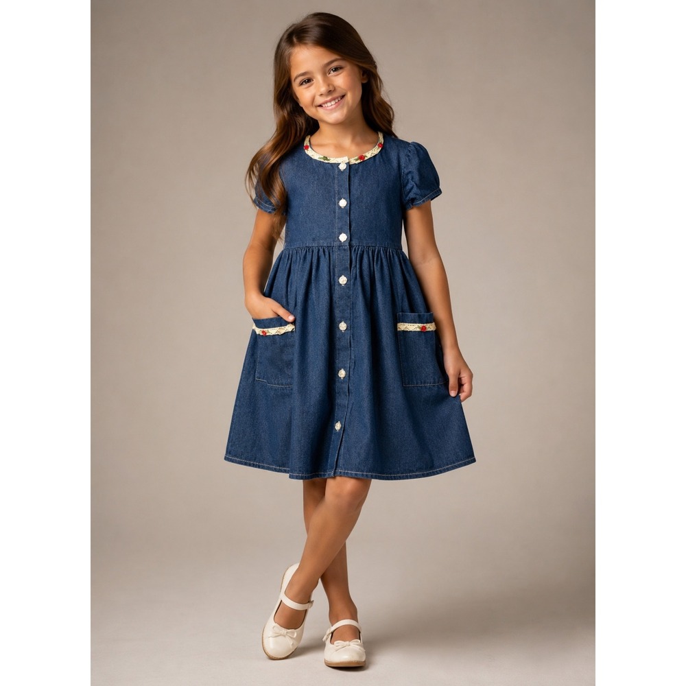 Vintage Denim Dress Girls 6 Blue Lace‎ Floral Button Front Americana Cottagecore
